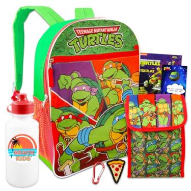 Imagem de Teenage Mutant Ninja Turtles Conjunto de mochila e lancheira – Pacote com mochila TMNT para meninos, lancheira, garrafa de água, adesivos, mais | Mochila escolar TMNT