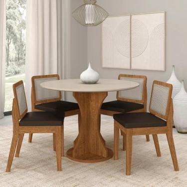 Imagem de Mesa Redonda Andria 4 Cadeiras Sextavadas Freijó/off/corino Marr - M.a Freijó/off Pre/corino Marrom