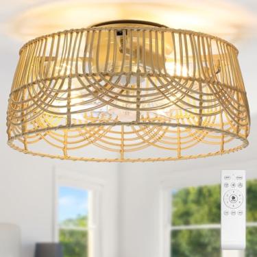 Imagem de Frstem Ventilador De Teto Estilo Boho Rattan 20", Com Gaiola Embutida E Luz, Lustre Fazenda Motor Cc, Sem Lâminas, Perfil Baixo, 6 Velocidades, 3 Controles Remotos, Temporizador, Para Sala Estar, Qu