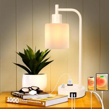 Imagem de GLITI Luminária De Mesa Industrial, Luminária De Mesa Com Ajuste De Intensidade, 2 Portas Usb E Tomada Ca, Abajur De Vidro Fosco, Luminárias De Cabeceira Que Protegem Os Olhos Para Quarto E Sala De