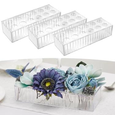 Imagem de Vaso de flores de acrílico transparente retangular floral - vaso de flores transparente canelado como centro de mesa floral para mesas, peça central de flor de acrílico com 12 furos, vaso de acrílico moderno com nervuras