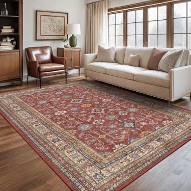 Imagem de Rugland Tapete 6x9 - Tapete lavável resistente a manchas, tapetes antiderrapantes para sala de estar, tapetes de área tribal persa Boho (TPR10-Borgonha, 18x23 cm)