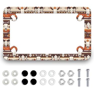 Imagem de Motocicleta Longhorn Cattle Skull Print License Plate Frame Boho Cow Stainless Steel Funny Motorcycle License Plate Holder Waterproof Metal Tag Holder Motorcycle Accessories Decoration 19.6 cm x 11.4