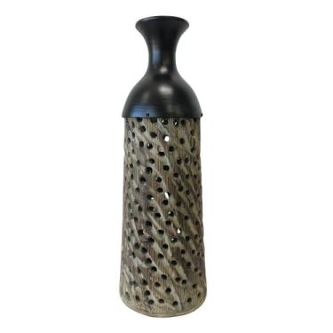 Imagem de Vaso Decorativo Wood em Madeira e Metal Entalhado Preto e Marrom 46x15