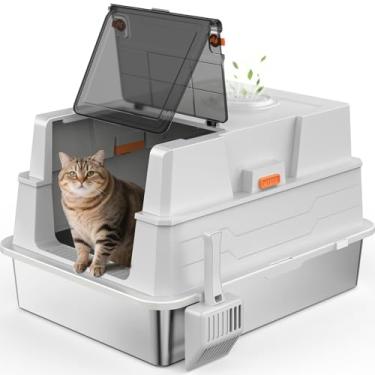 Imagem de Caixa de areia de aço inoxidável fechada XXL para gatos, fundo antiaderente, uso doméstico com vários gatos e gatos gordos