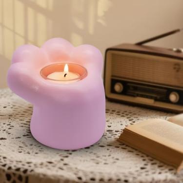 Imagem de Castiçal de gato fofo gatinho desenho animado gatinho castiçal pata gato fofo decoração de casa castiçal presente para meninas mulheres escolha amante de gatos (pata de gato rosa)