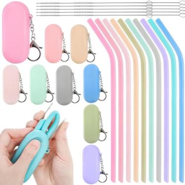 Imagem de Acshio Conjunto de 10 canudos de silicone com capa, canudos angulares dobráveis reutilizáveis para viagem com escovas de limpeza, canudos dobráveis portáteis para casa, escritório, festa, 10 cores