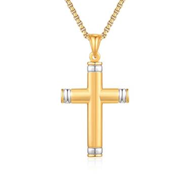 Imagem de FLHEART Colar de cruz de aço inoxidável para homens, corrente de colar de Jesus com pingente de cruz de ouro preto, não mancha, resistente para homens, joias cristãs, presentes para ele, confirmação