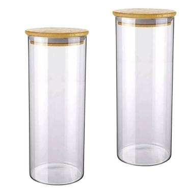 Imagem de Pote De Vidro 1200ml Hermético Com Tampa Bambu Premium 2 Unidades