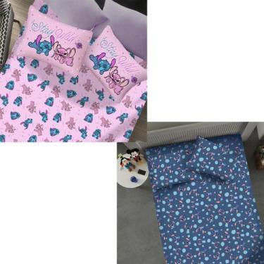 Imagem de Kit 2 Jogos Lençol de Elástico Casal Stitch Angel 2 Fronhas - Disney