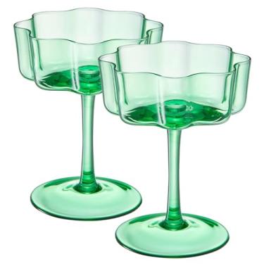 Imagem de Khen Flower Vintage Wavy Glass Coupes Martini, Champagne & Cocktail Coupes - Conjunto de copos de coquetel coloridos de 59-200 ml e champanhe, Prosecco, Mimosa Glassware Design - Verde
