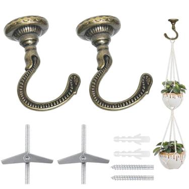 Imagem de Evsteluo Ganchos grandes para teto resistentes com kit completo de ferragens - Ideal para pendurar plantas, instalação de teto e drywall (2 conjuntos de latão antigo)