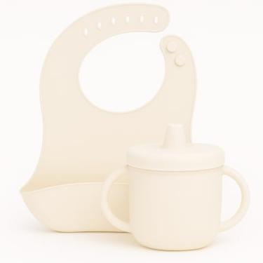 Imagem de Kit Alimentação Infantil Silicone – Copo Antivazamento com Canudo + Babador Coletor Ajustável – Livre de BPA, Ideal para Introdução Alimentar (Creme)
