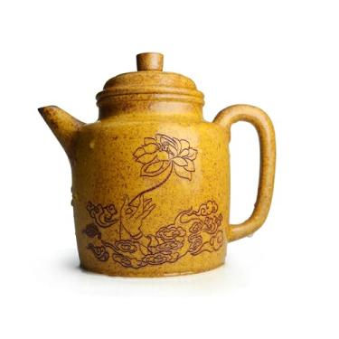 Imagem de Bule de chá de argila roxa de 340 g chinês Yixing Zisha bule de cerâmica roxa areia amarela lama artesanal gravação de lótus coração sutra kungfu chaleira filtro chá solto