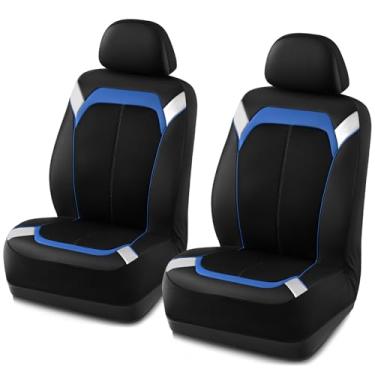Imagem de PIC AUTO Capa de assento de carro – Couro prateado e azul com malha respirável, protetor de assento automotivo de ajuste universal, elegante em dois tons, capa de assento frontal de couro durável para