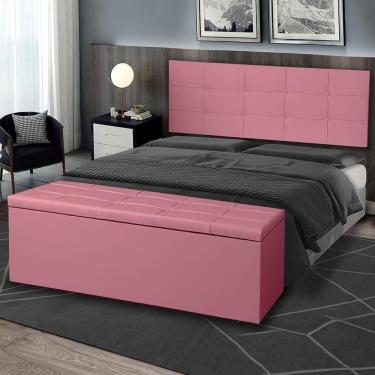 Imagem de Kit Cabeceira Painel E Calçadeira Baú Queen 1,60m Roma Suede Rosa Sky Mobile
