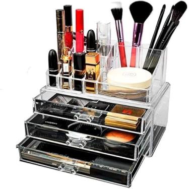 Imagem de Organizador de Maquiagem Acrílico com 3 Gavetas e 16 Nichos - Porta Pincéis e Batom