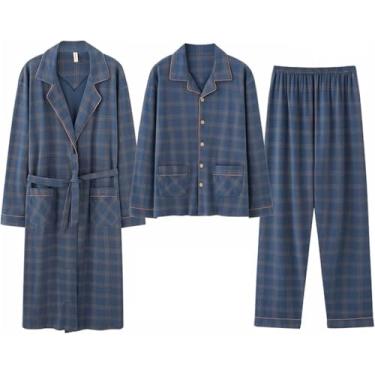 Imagem de Conjunto De Pijama De Algodão Para Homens 3-pack Calças De Manga Longa Leve Kimono Macio Na Altura Do Joelho Roupões De Banho Para Spa E Casa, Style 1, XL