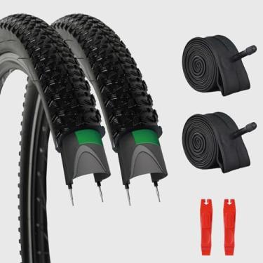 Imagem de DUROMONDO Conjunto de 2 pneus de mountain bike 29 x 2,125 – Pneus MTB resistentes a perfurações 30TPI com tubo interno, 2 alavancas de pneu, design de botão de alta aderência para uso on, off-road