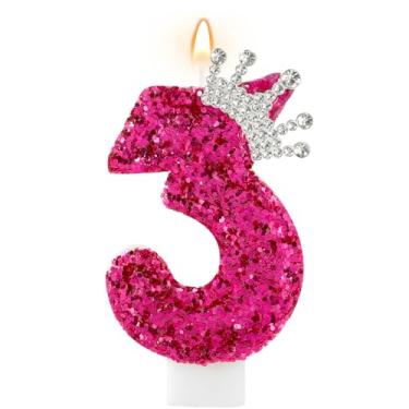 Imagem de AKURIEEY Velas de aniversário rosa choque coroa número 3, decorações de festa de terceiro aniversário, enfeite de bolo, decoração de cupcake para artigos de comemorações de aniversário