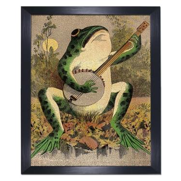 Imagem de Pôster de arte de parede com moldura de sapo boho retrô - banjo vintage brincando de sapo preto emoldurado arte de parede 20,3 x 25,4 cm - Boho Estética quarto decoração de parede pôsteres para sala