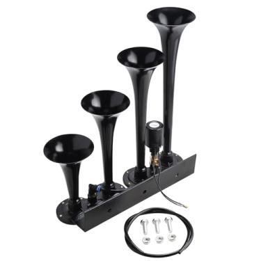 Imagem de NovelBee Buzina de ar de 4 trompetes, buzina de ar de trem de trompete quádrupla de 12 V/24 V, buzina de ar super alta para caminhão, carro, trailer, SUV, barco