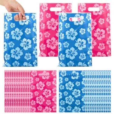 Imagem de Maitys 50 peças de sacolas de presente de festa do Havaí com desenho animado azul e rosa de hibisco, bolsa de doces de plástico com alças para chá de bebê havaiano verão tropical aniversário