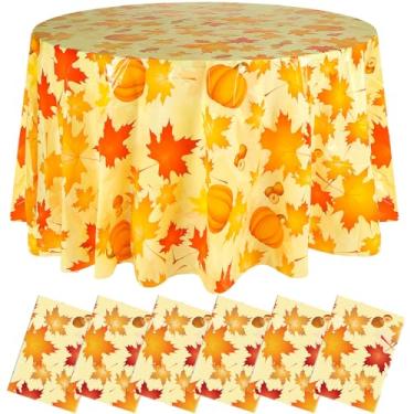Imagem de LemonRoad 6 peças de toalha de mesa redonda de plástico para outono, 203 cm, descartável, para outono, folhas de bordo, abóbora, toalha de mesa circular para decoração de festa de aniversário