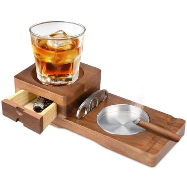 Imagem de Aiwosana Cinzeiro de charuto, kit de bandeja de madeira com cortador de charutos inclui gaveta, compartimento, bandeja de vidro de uísque, bandejas de cinzas, conjunto de acessórios de charutos para