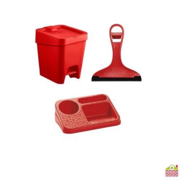 Imagem de Kit de Cozinha 3 Peças Lixeira Rodinho de Pia Porta Detergente e Espon