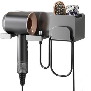 Imagem de Suporte de secador de cabelo montado na parede, gancho para secador de cabelo, gancho para secadora com plugue e organizador de cabos, para armário de banheiro/quarto, autoadesivo, cinza