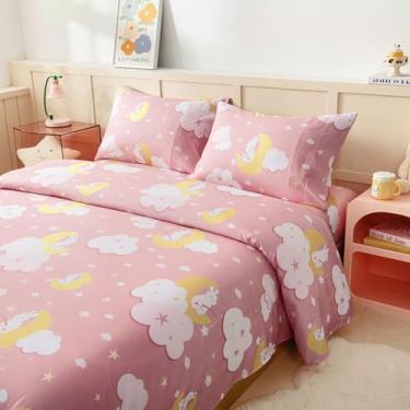 Imagem de Jogo de lençol solteiro para crianças, meninas, jogo de cama de 3 peças para crianças, roupa de cama de microfibra macia escovada, bolso profundo, resistente a rugas e desbotamento, coelhinho rosa