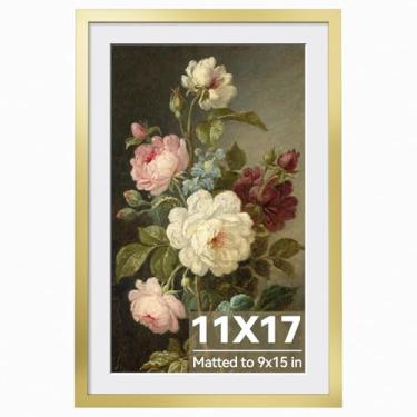 Imagem de HappyHapi Moldura dourada de 28 x 43 cm, dourada, para exibir fotos 22 x 38 cm com tapete ou 28 x 43 sem tapete, 1 pacote com moldura de plástico para parede e decoração de casa