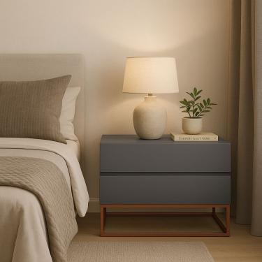 Imagem de Mesa De Cabeceira Retrô Alto Padrão Com 2 Gavetas Base Cobre Cinza