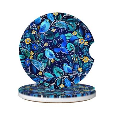 Imagem de Neukim Pacote com 2 porta-copos de carro, folhas de baga azul, céu estrelado, pássaros, porta-copos, 6 cm, antiderrapante, de cerâmica, absorvente com base de cortiça e entalhe de dedo, acessórios de