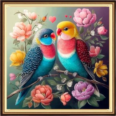 Imagem de DMCVIVR Kits de ponto cruz estampado para adultos iniciantes kits de bordado 11CT kits de ponto cruz padrões de bordado - casal pássaros flores 45,7 x 45,7 cm