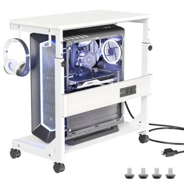 Imagem de Suporte de torre de computador ajustável em altura com estação de carregamento e porta de carregamento USB, carrinho ATX-Case de 2 níveis, suporte para PC móvel sob a mesa, carrinho com suporte de CPU