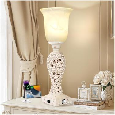 Imagem de Lâmpada de cabeceira de 50,8 cm para quarto, luminária de mesa Torchiere com 2 portas de carregamento USB, lâmpada de mesa vintage com persiana de vidro, lâmpada regulável de 3 vias incluída
