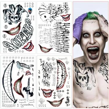 Imagem de Tatuagens de Coringa, 4 folhas, tatuagens temporárias de Halloween para homens, adesivos falsos de tatuagem de esquadrão suicida para adultos, baile de máscaras de palhaço, acessórios de festa cosplay
