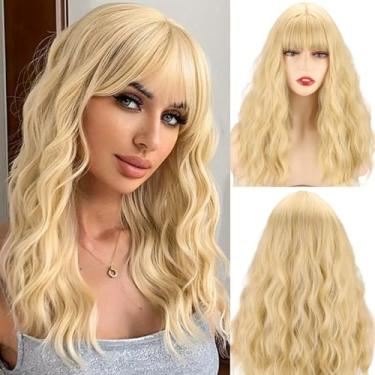 Imagem de Xinran Peruca loira com franja 45,7 cm comprimento médio loiro ondulado sintético longa resistente ao calor aparência natural uso diário festa uso/uso de Halloween