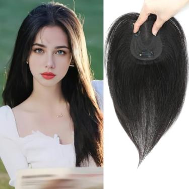 Imagem de YAMI Topper de cabelo humano fofo para mulheres 25,4 cm feito à mão com base suíça 360° cobertura de queda de cabelo (preto natural)