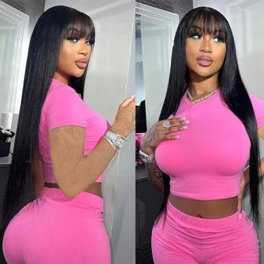 Imagem de KINCYDU Peruca longa preta reta com franja natural, colorida, sedosa, macia, preta, fibra sintética resistente ao calor, cabelo para uso diário em festas femininas 66 cm