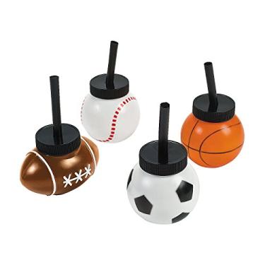Imagem de Copos esportivos em forma de bola com canudos – Conjunto de 12, cada um comporta 236 ml – Bolas de futebol, basquete, futebol e beisebol – Artigos para festa esportiva