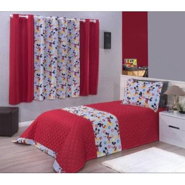 Imagem de kit cobre leito solteiro + cortina 2 metros personagem Mickey Vermelha