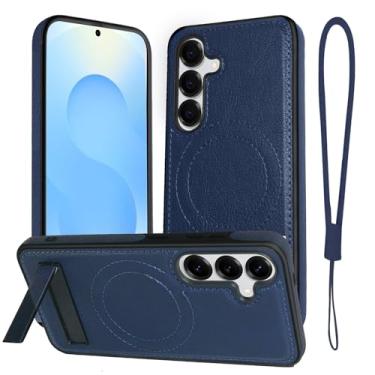 Imagem de Moment Dextrad Capa de couro magnético para Galaxy S25/S24 azul, suporte embutido, compatível com MagSafe, pulseira de silicone, proteção interna de TPU, capa fina à prova de choque
