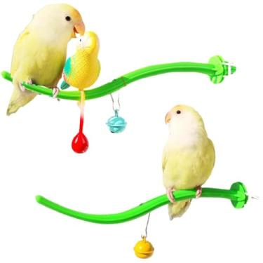 Imagem de 2 peças de poleiros de pássaro com sino e brinquedo fofo de empresa modelo de pássaro canário Finch Budgie gaiola universal de plástico suporte de brinquedo adaptável a todas as gaiolas (verde)