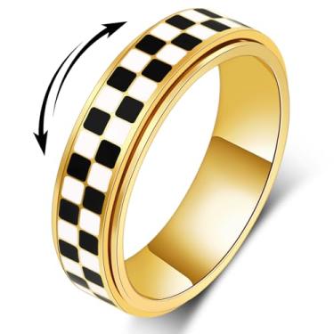 Imagem de Anel Fidget para Ansiedade Homens e Mulheres: Preto e Branco Padrão Xadrez Aço Inoxidável Joia Spinner Itens de Alívio da Ansiedade para Adultos Banhado a Ouro/Prata Tamanho 5-11, 5-11, Aço inoxidável