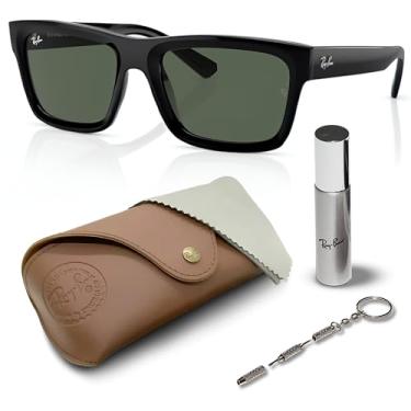 Imagem de Ray-Ban Óculos de sol RB4396 WARREN BIO-BASED retangular com kit oficial de óculos, Armação preta polida | Lente verde escura, 57 mm