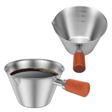 Imagem de 2 copos medidores de café expresso com escala, copo de café expresso de aço inoxidável 304 com cabo de madeira e boca em forma de V para bebidas, sobremesa, molho de coquetel, 100 ml