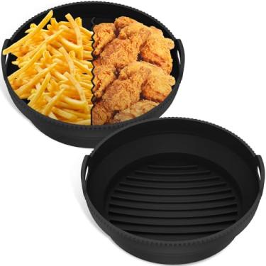 Imagem de Pacote com 2 forros reutilizáveis de silicone para fritadeira a ar com divisória, forros redondos dobráveis de silicone para fritadeira a ar, forros dobráveis de 21 cm, cesta de fritadeira a ar para